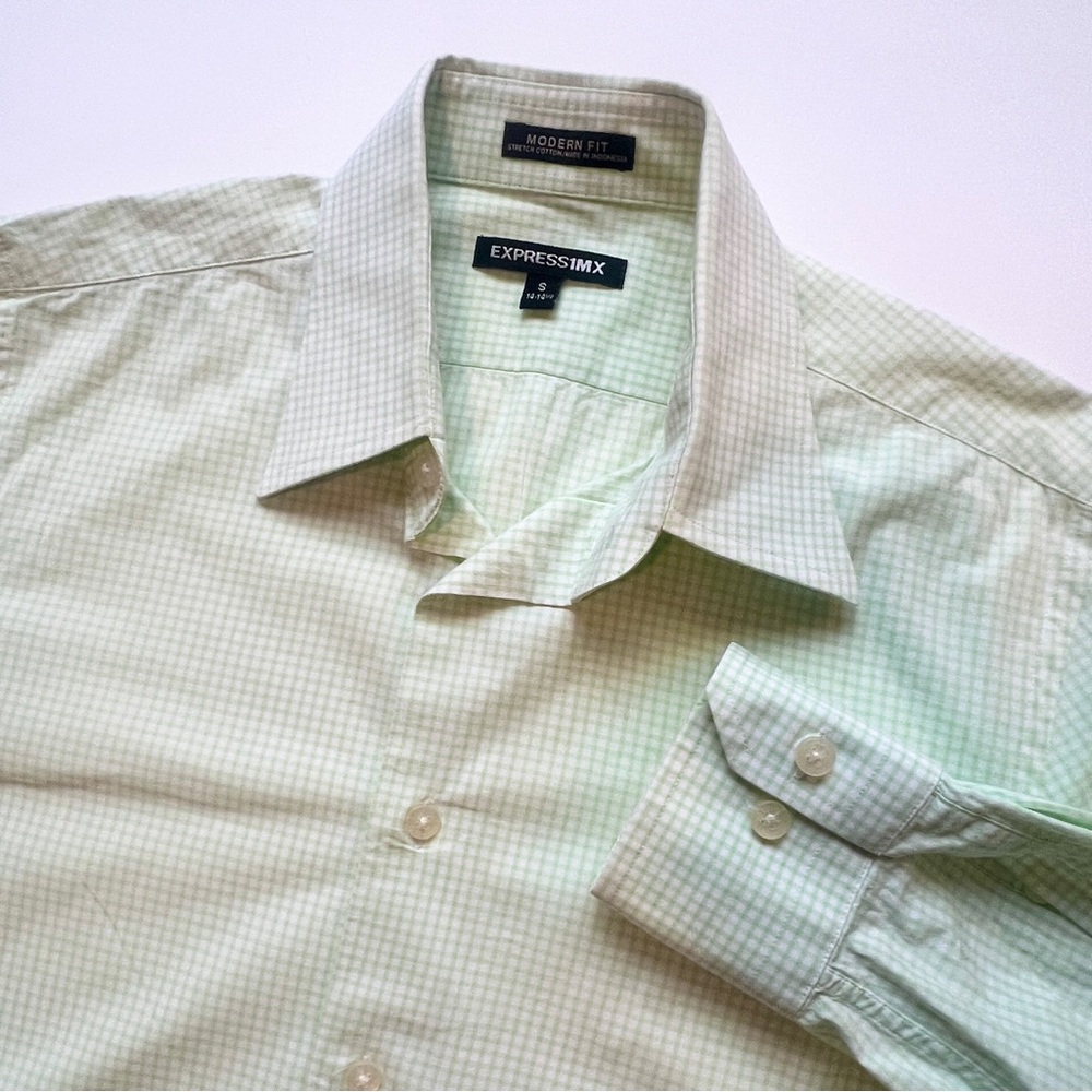 Express 1MX Modern Fit Stretch Cotton Men's Green Check Dress Shirt Small 14.5